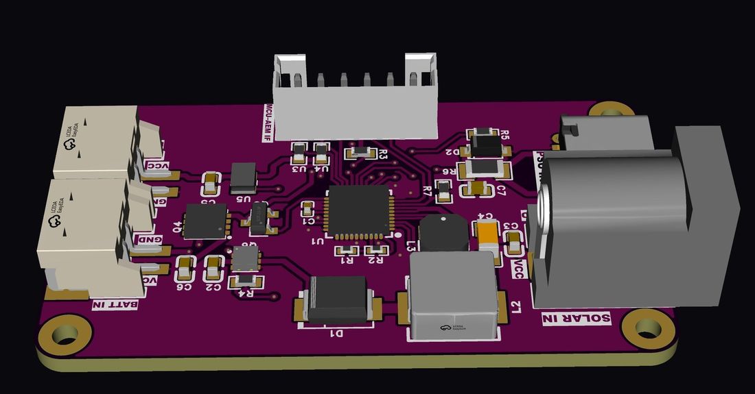 Harvesting board — solar and USB-C inputs, battery and load rails