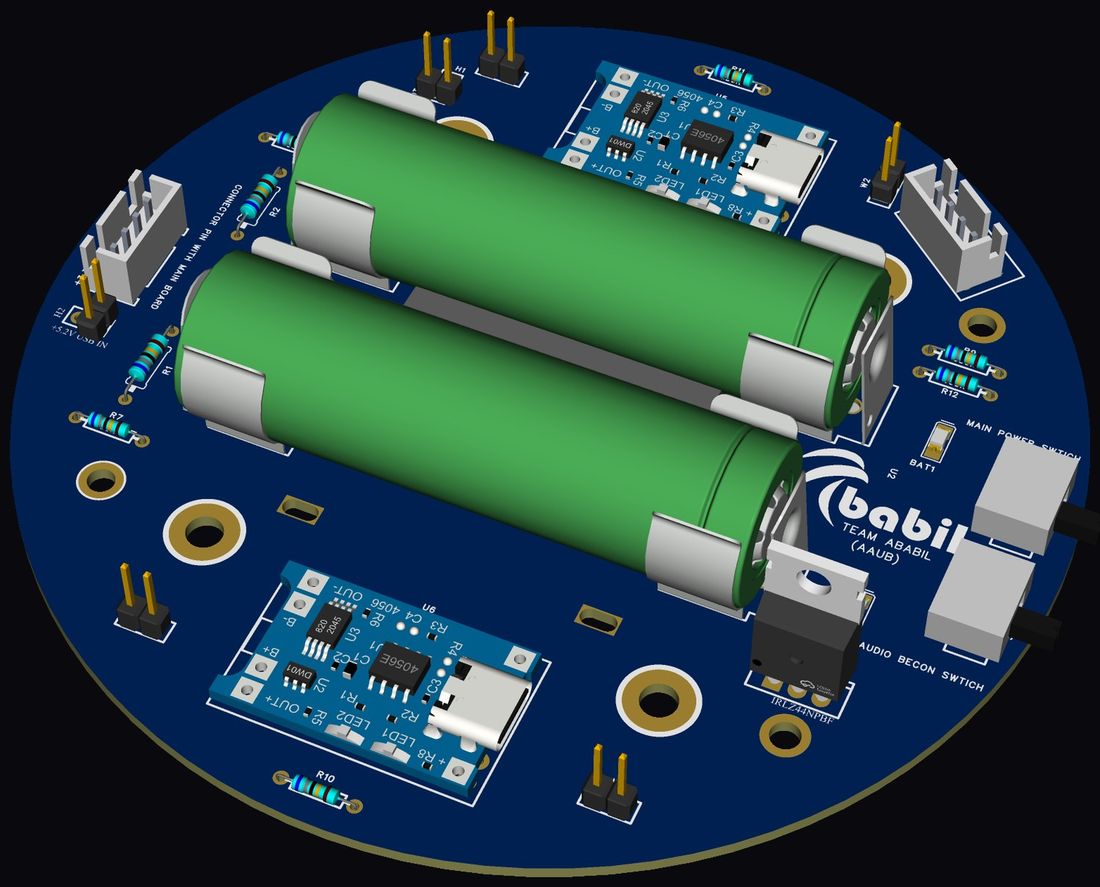 EPS — dual 18650 cells, TP4056 charging, beacon and main power switching