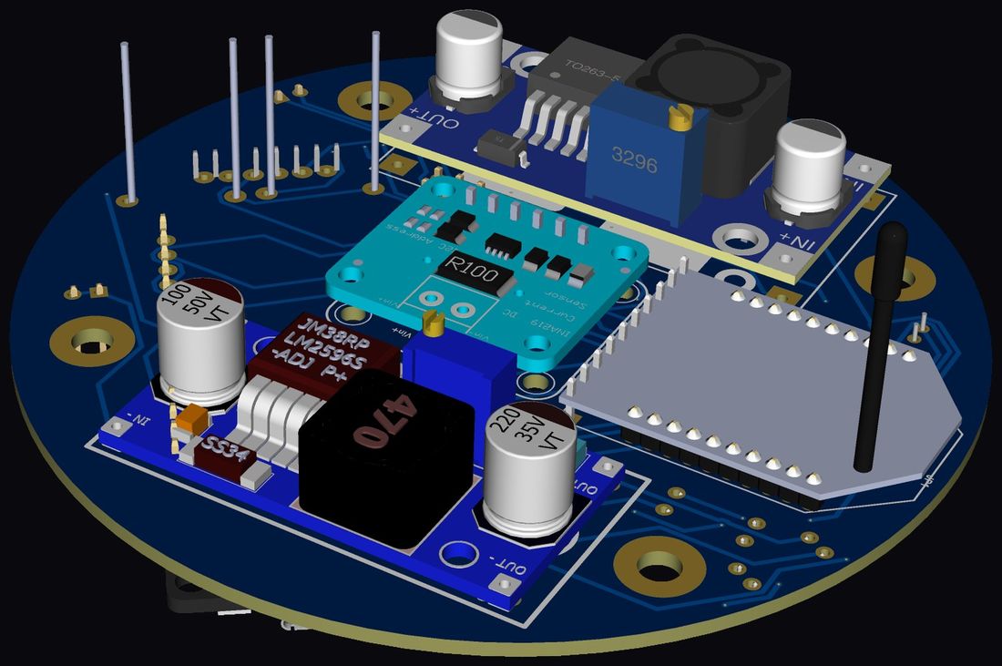 OBC underside — buck rails, INA219 current sensing, telemetry radio