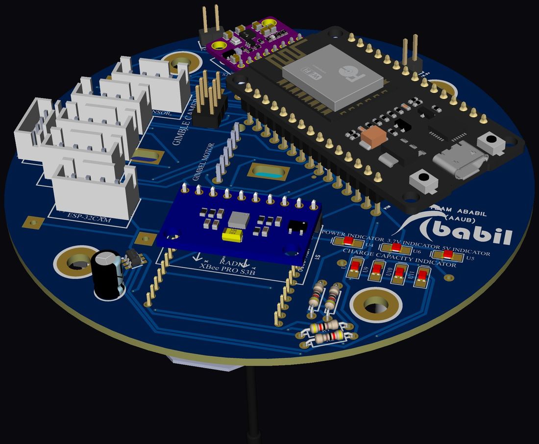 OBC top — ESP32, XBee PRO S3B radio, gimbal and camera ports