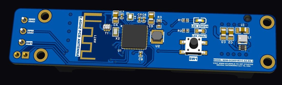 Radio side — CC2651R3, balun and printed 2.4 GHz antenna