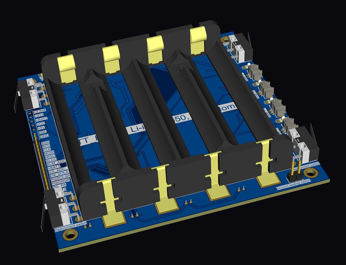 Top-view 3D model of the CubeSat EPS board, showing battery holders, solar and OBC connectors, and the deployment switch interface