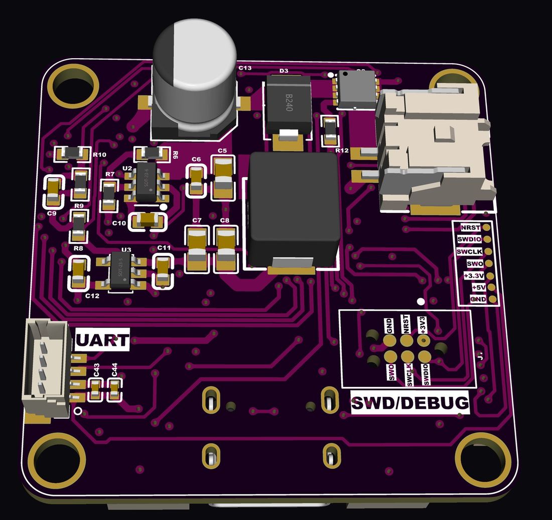 Bottom — buck power stage, UART and SWD/debug