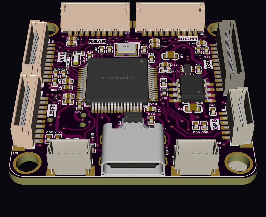 Top — STM32G473, UWB array ports (LEFT / RIGHT / REAR / ANC)