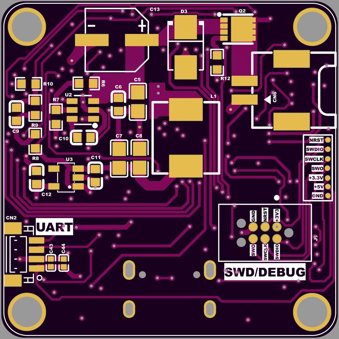 Bottom layer — power entry, 5 V buck and debug breakout