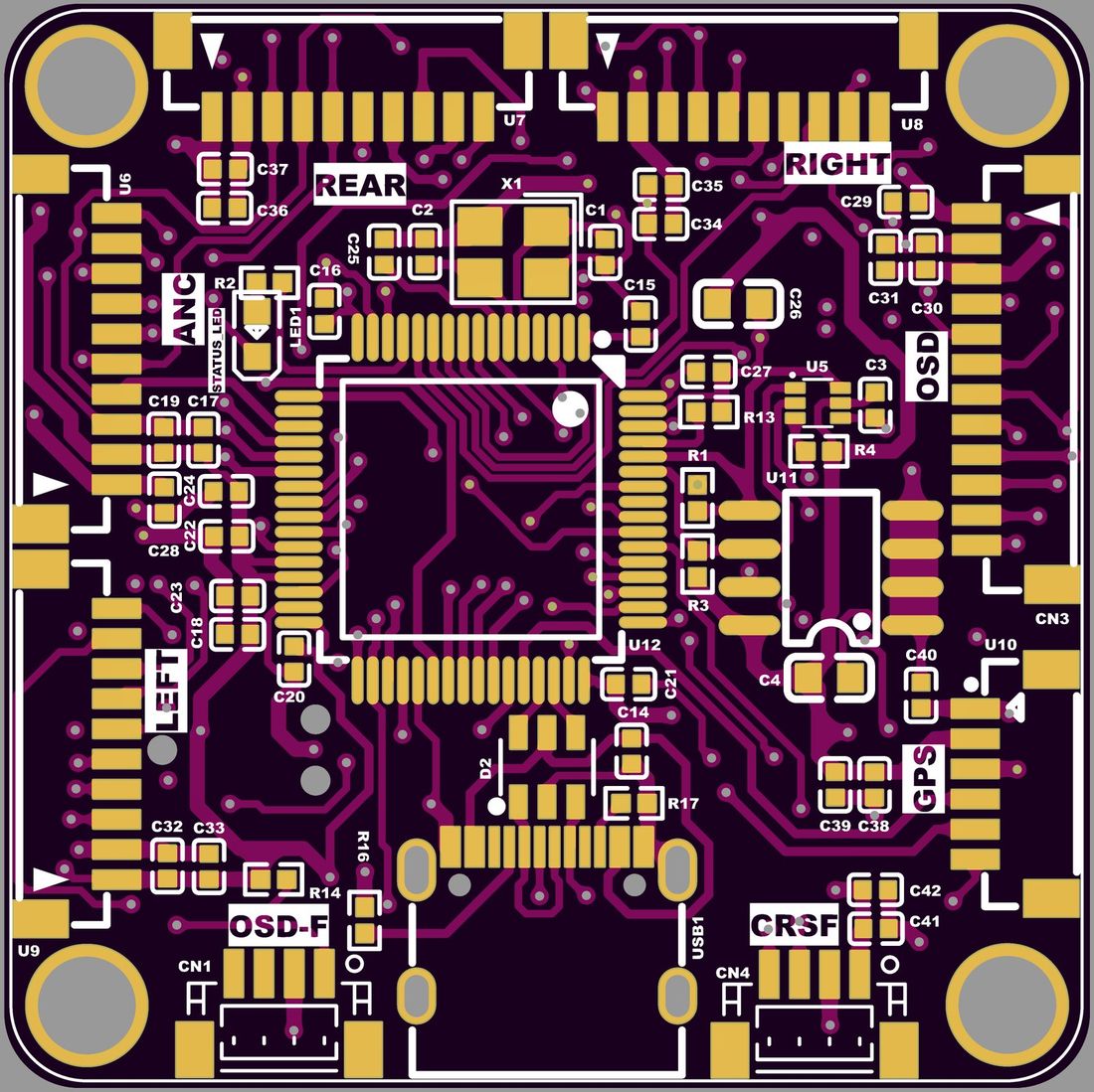 Top layer — MCU fan-out, OSD, GPS and CRSF ports