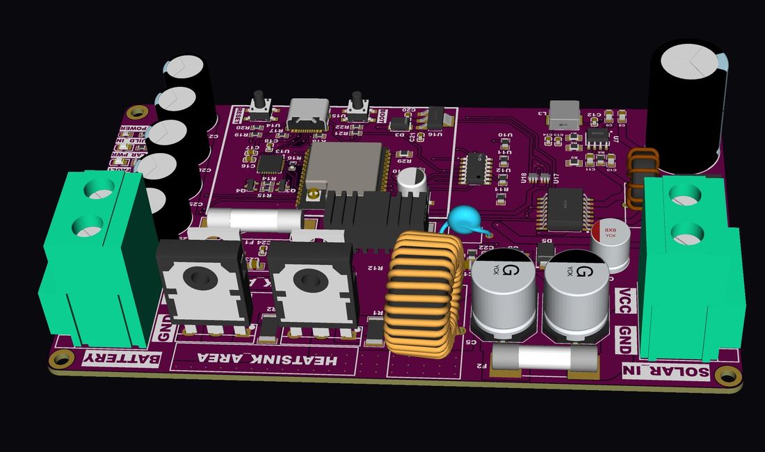 3D view — ESP32 control section, toroidal inductor and TO-220 power devices