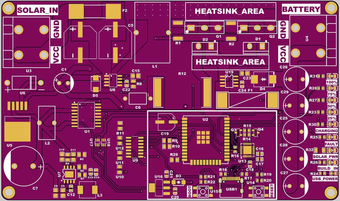 PCB layout — power stage, heatsink areas and status LED bank