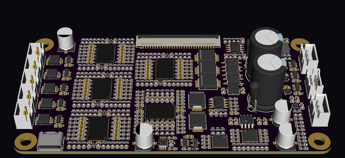 3D view — supercapacitor bank and 5-channel MPPT tiers
